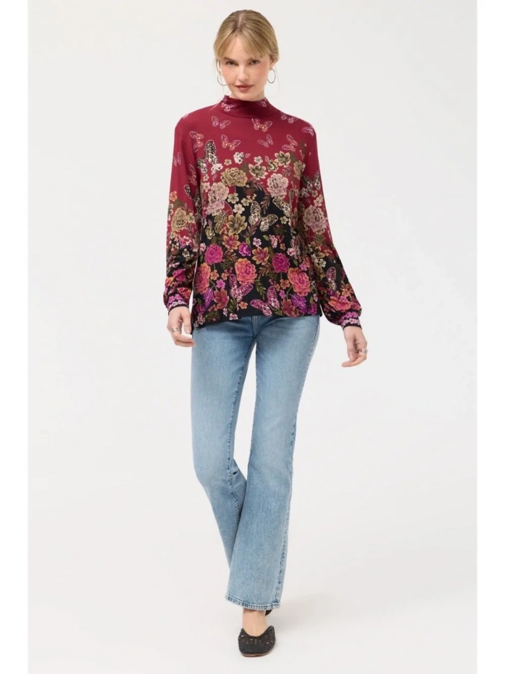 Johnny Was Janie Favorite Top Burgundy Butterfly Floral NWT R$229 Size Small